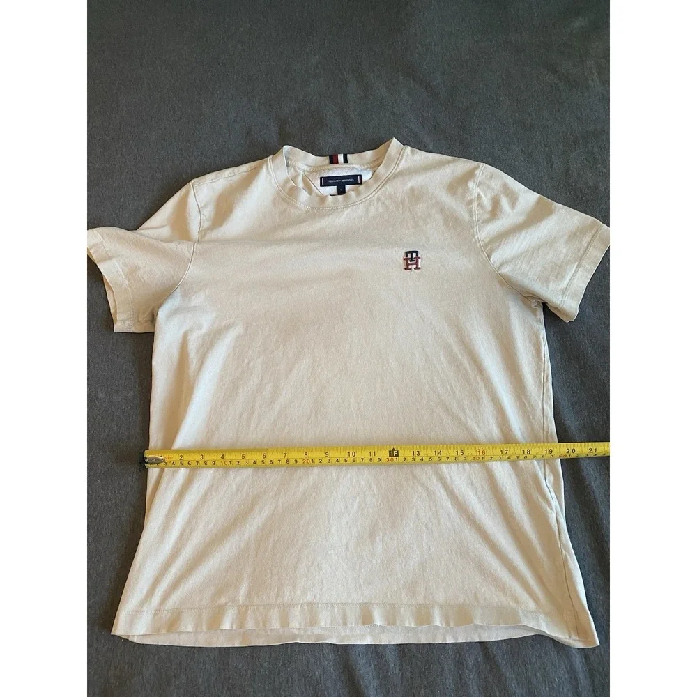 TOMMY HILFIGER Mens T-Shirt Top Large Beige Cotton Embroidered
